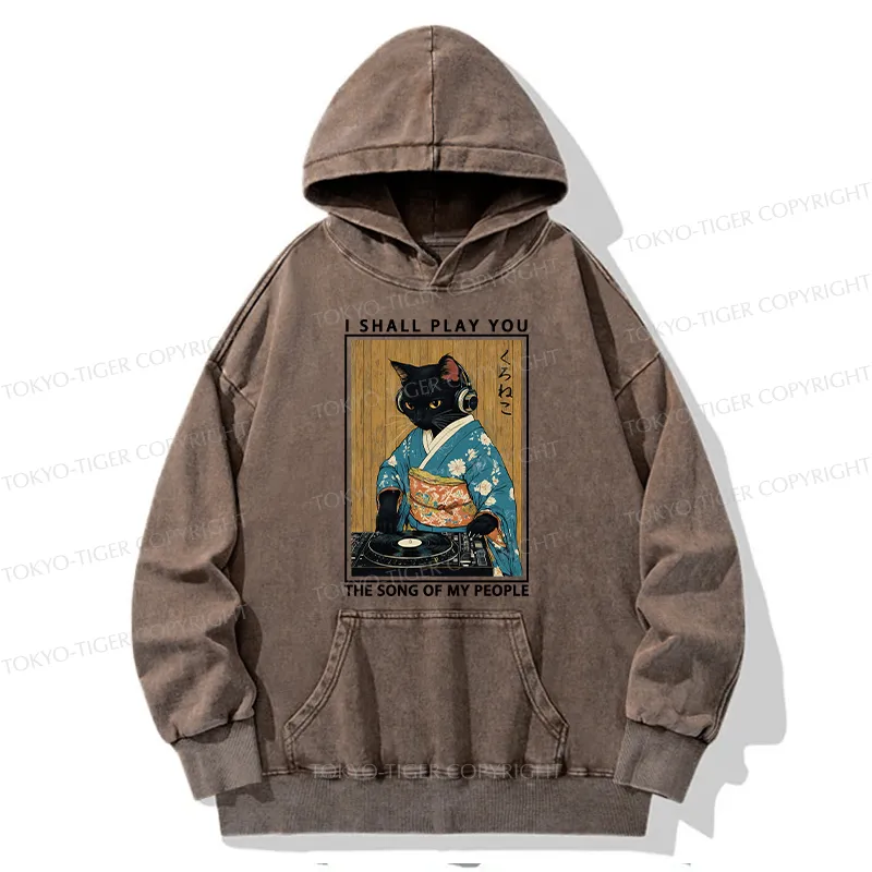 Tokyo-Tiger Funny Playing Music Black Cat Washed Hoodie