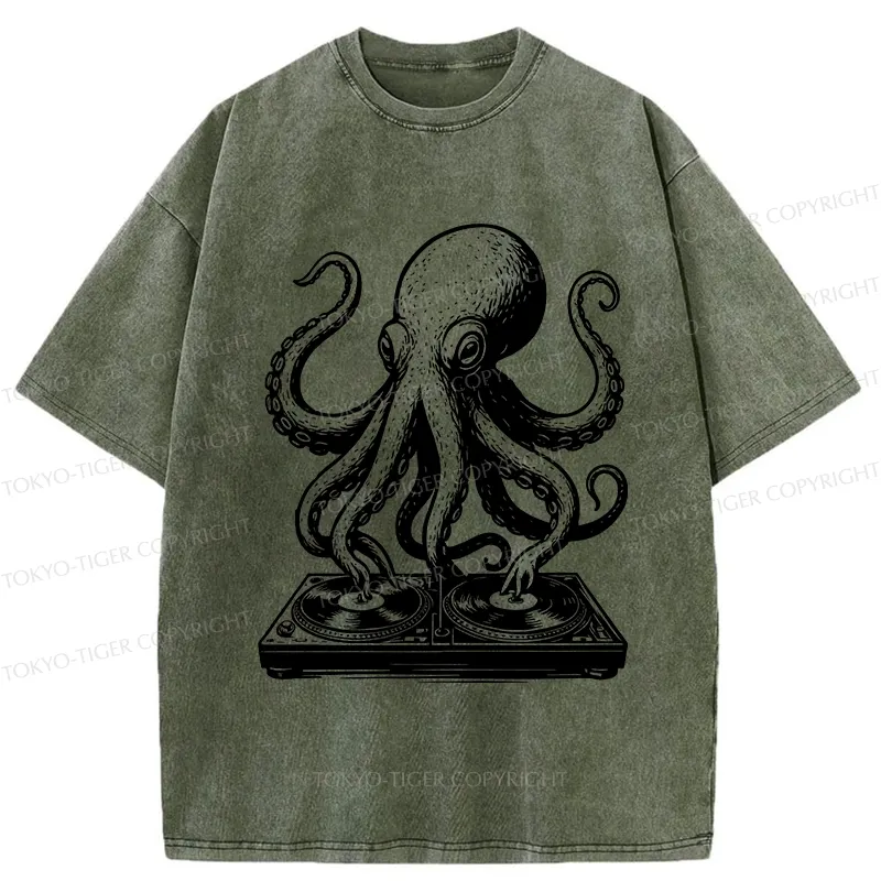Tokyo-Tiger Octopus DJ Washed T-Shirt