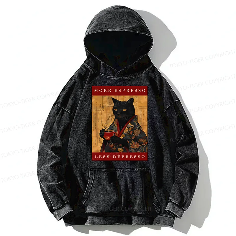 Tokyo-Tiger More Espresso Less Depresso Cat Washed Hoodie