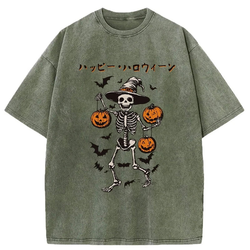 Tokyo-Tiger Skeleton Spooky Season Halloween Washed T-Shirt