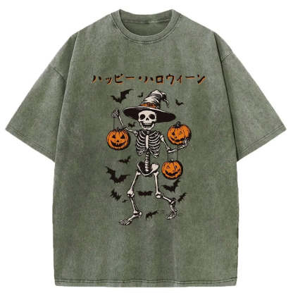 Tokyo-Tiger Skeleton Spooky Season Halloween Washed T-Shirt