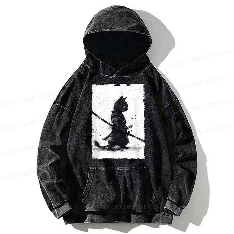 Tokyo-Tiger Retro Cat Samurai Japanese Washed Hoodie