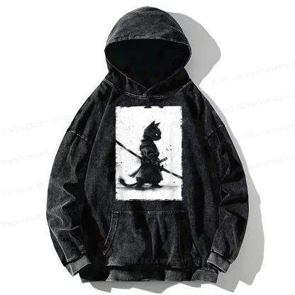 Tokyo-Tiger Retro Cat Samurai Japanese Washed Hoodie