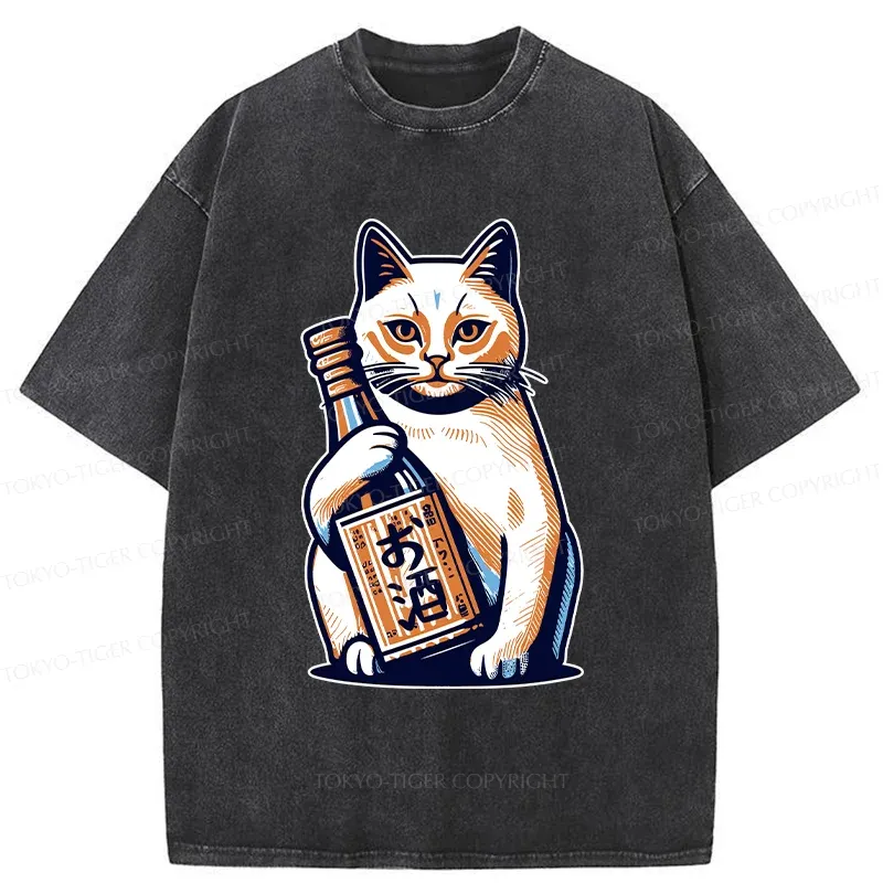 Tokyo-Tiger Cat Holding Wine Washed T-Shirt