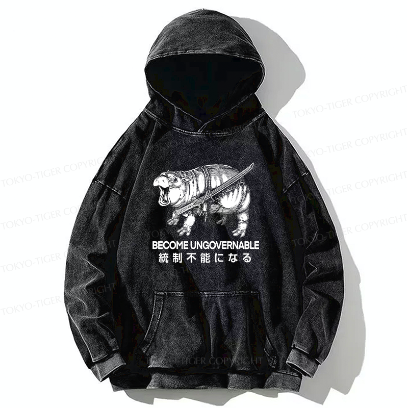 Tokyo-Tiger Moo Deng Carrying A Samurai Sword Washed Hoodie