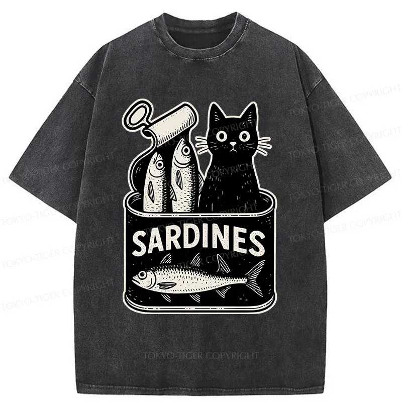 Tokyo-Tiger Cat And Canned Fish Washed T-Shirt
