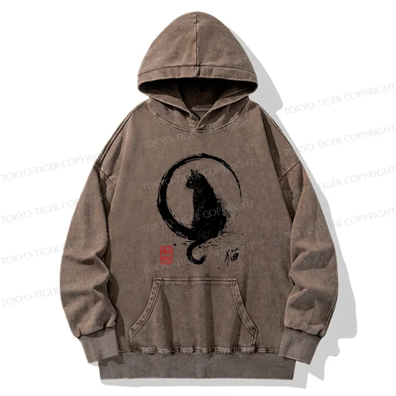 Tokyo-Tiger Retro Japanese Black Cat Washed Hoodie