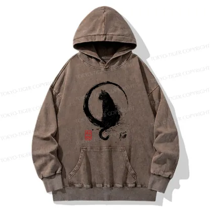 Tokyo-Tiger Retro Japanese Black Cat Washed Hoodie