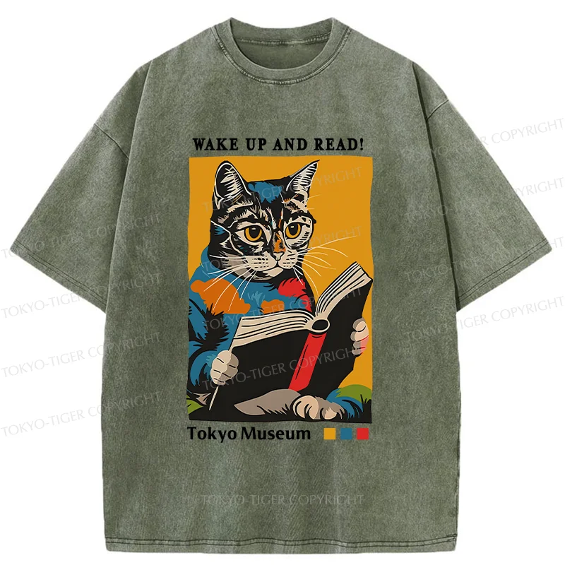 Tokyo-Tiger Cat Reading Washed T-Shirt