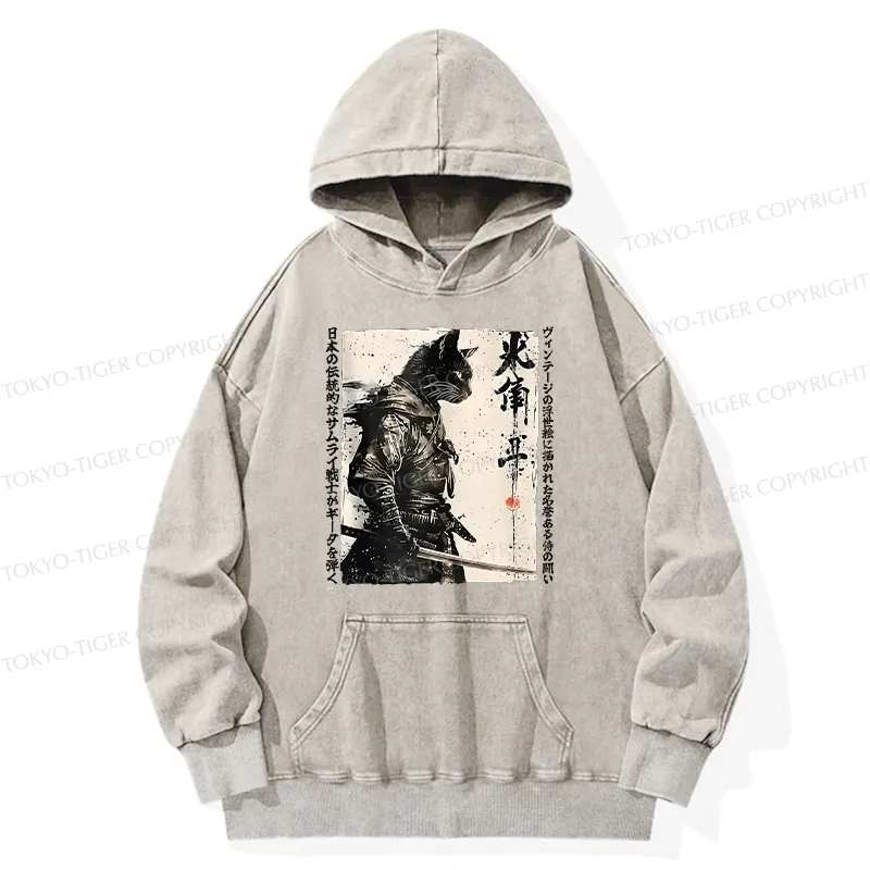 Tokyo-Tiger Cat Samurai Retro Washed Hoodie
