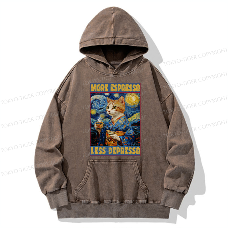 Tokyo-Tiger Funny More Espresso Less Depresso Washed Hoodie