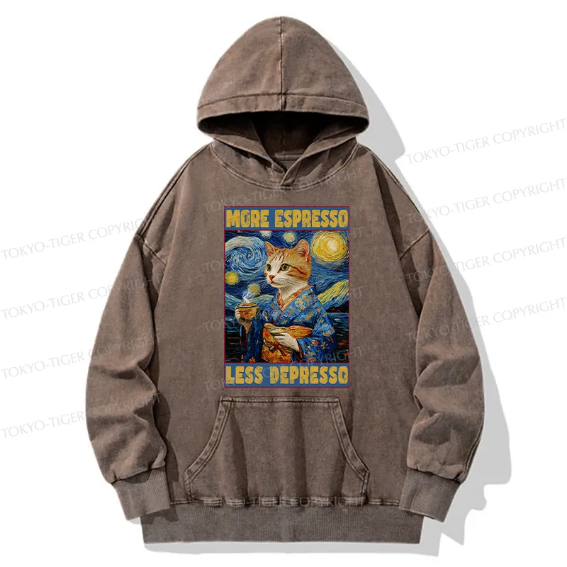 Tokyo-Tiger Funny More Espresso Less Depresso Washed Hoodie