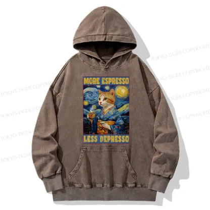 Tokyo-Tiger Funny More Espresso Less Depresso Washed Hoodie
