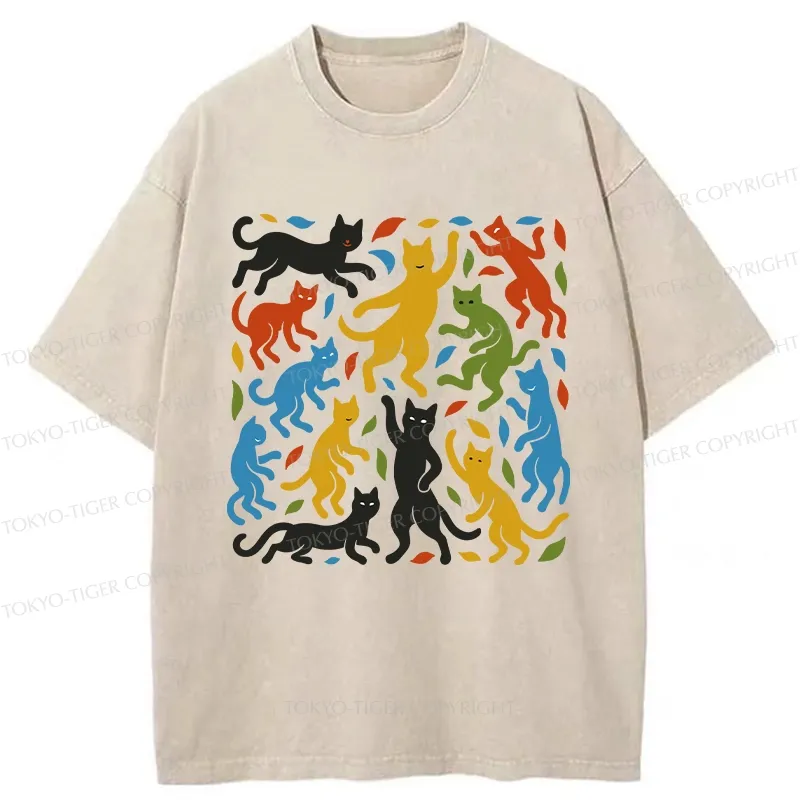Tokyo-Tiger Funny Dancing Cat Washed T-Shirt
