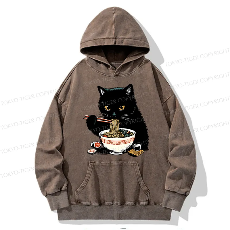 Tokyo-Tiger Cat Eating Favorite Ramen Washed Hoodie