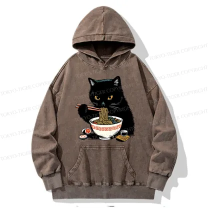 Tokyo-Tiger Cat Eating Favorite Ramen Washed Hoodie