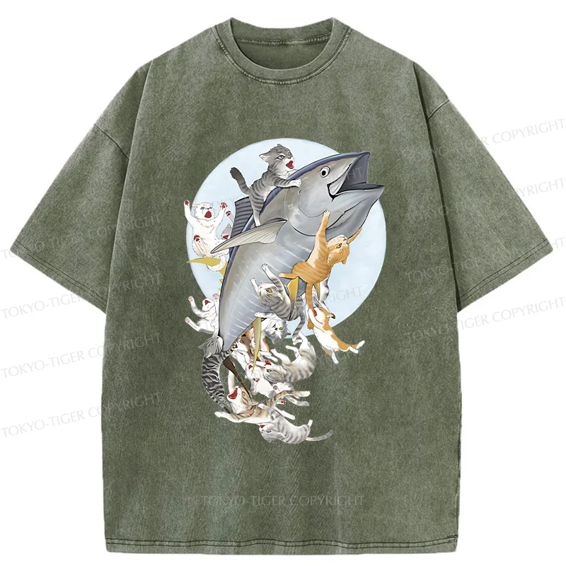 Tokyo-Tiger Cats Caught Tuna Washed T-Shirt
