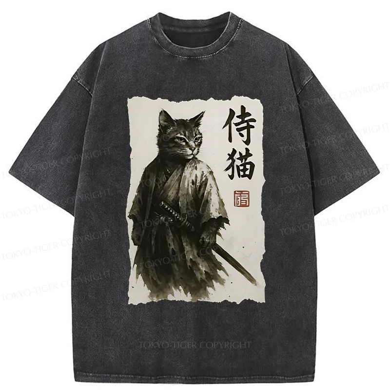 Tokyo-Tiger Cat Japanese Samurai Washed T-Shirt