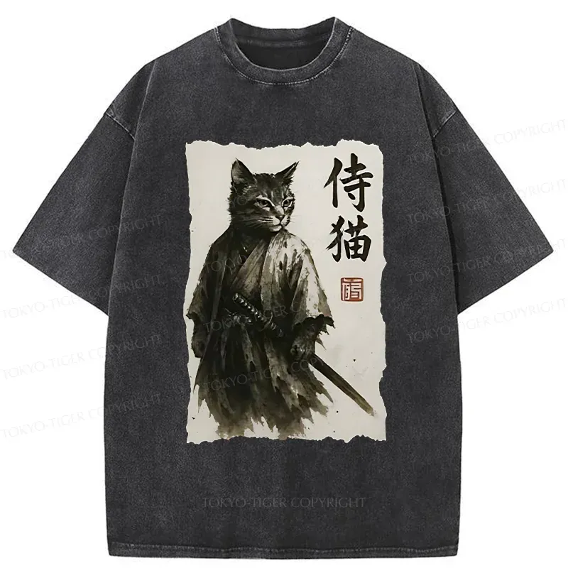 Tokyo-Tiger Cat Japanese Samurai Washed T-Shirt