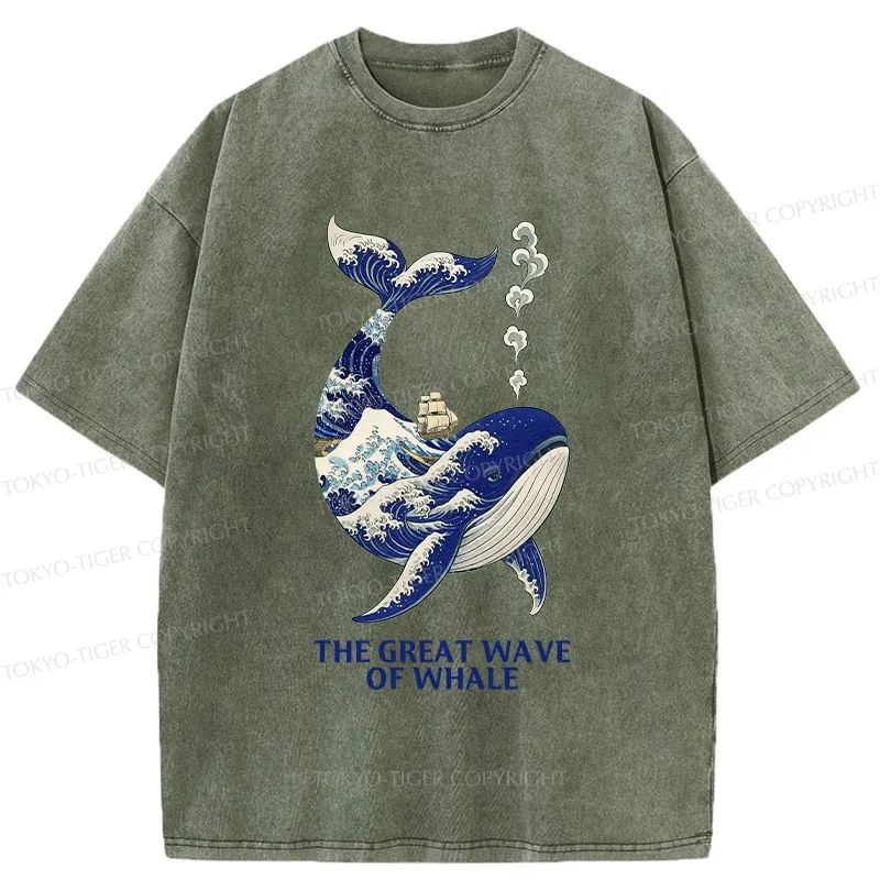 Tokyo-Tiger Ukiyoe Wave Whale Washed T-Shirt