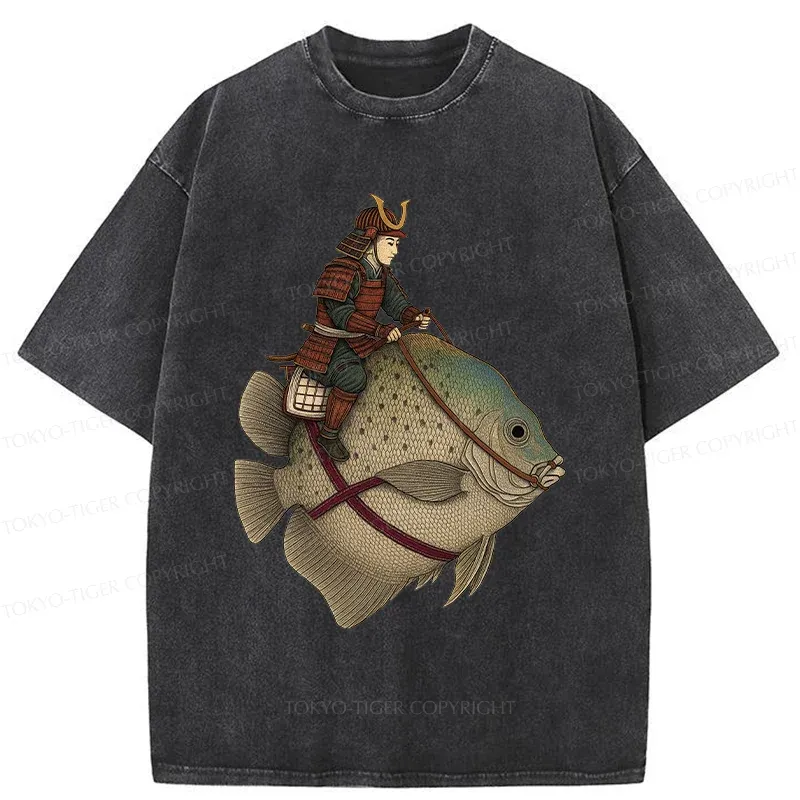 Tokyo-Tiger Samurai Riding A Fish Washed T-Shirt