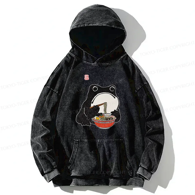 Tokyo-Tiger Funny Frog Eating Ramen Washed Hoodie