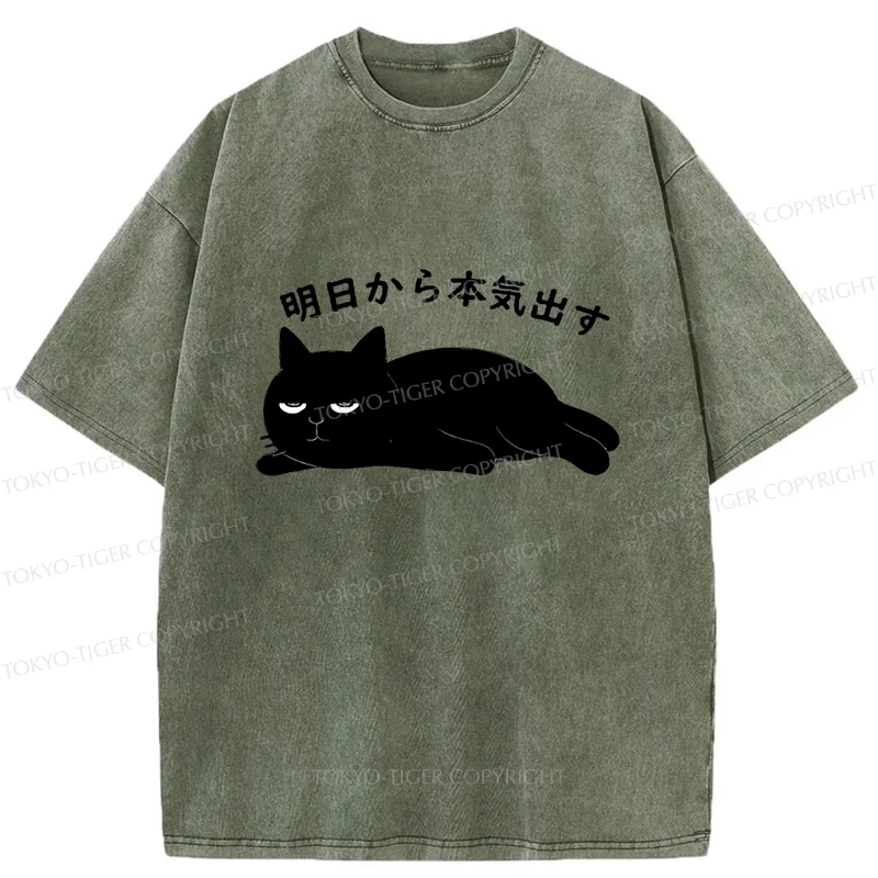 Tokyo-Tiger Lazy Cat Kanji Washed T-Shirt