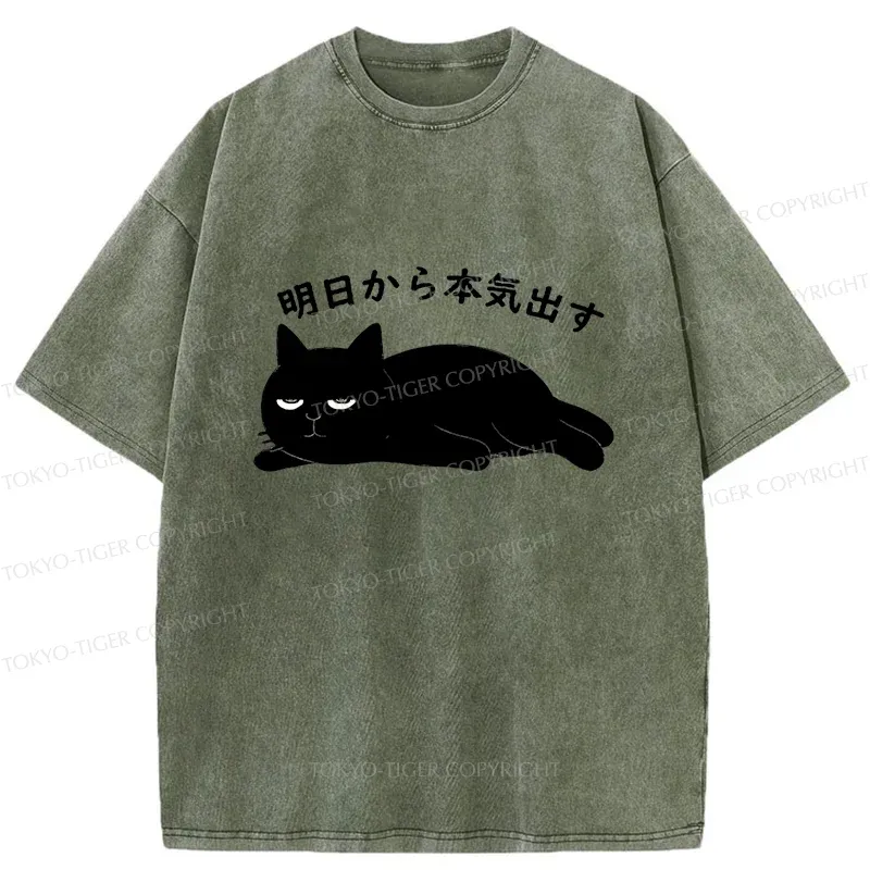 Tokyo-Tiger Lazy Cat Kanji Washed T-Shirt