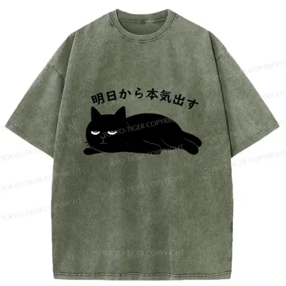 Tokyo-Tiger Lazy Cat Kanji Washed T-Shirt