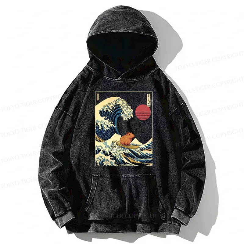Tokyo-Tiger Capybara Surfing Washed Hoodie