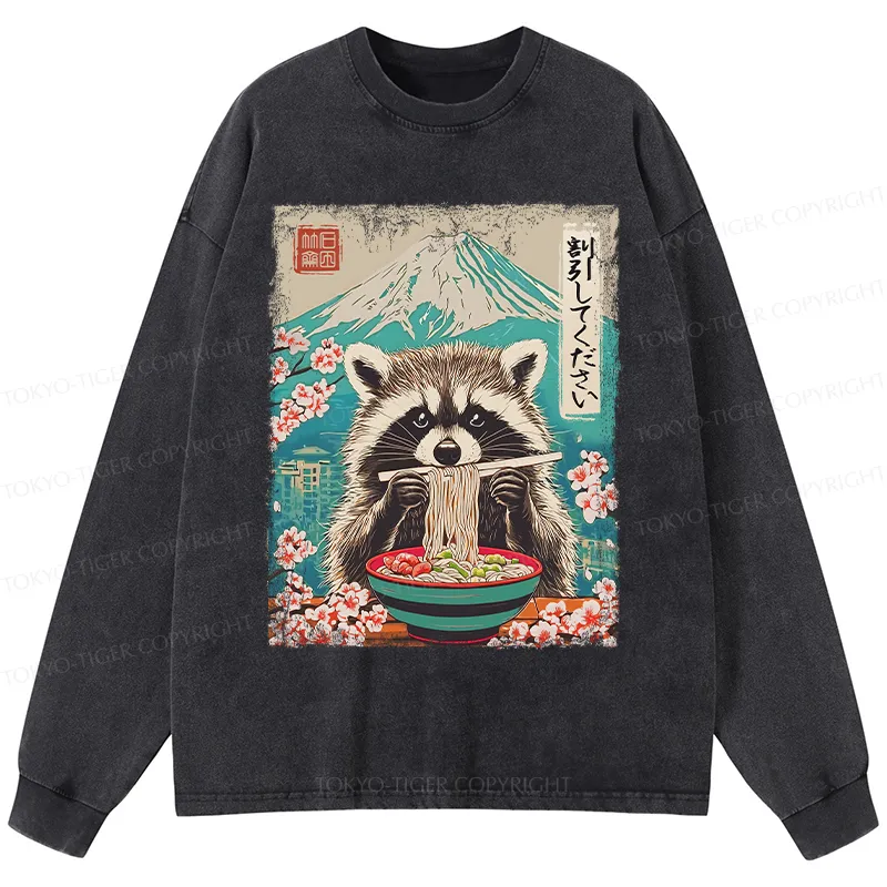 Tokyo-Tiger Please Give Raccoon A Discount Washed Long Sleeve T-Shirt