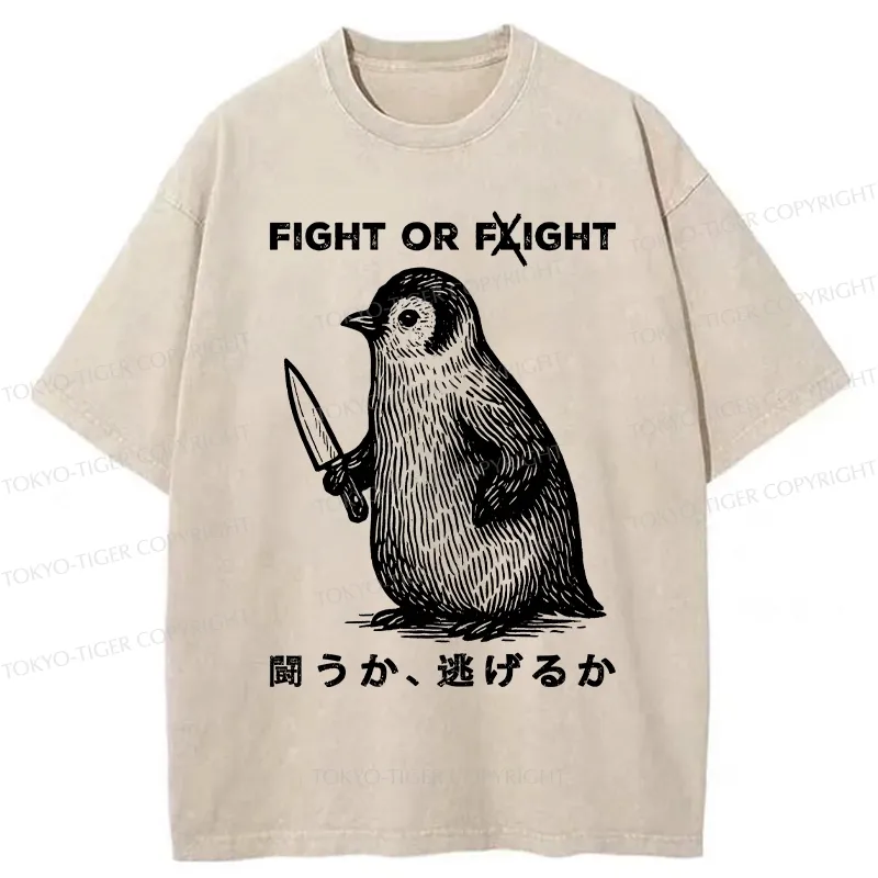 Tokyo-Tiger Funny Fight Or Flight Washed T-Shirt