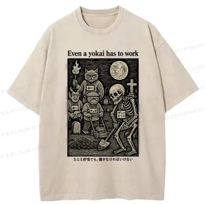 Tokyo-Tiger Even A Yokai Has To Work Washed T-Shirt
