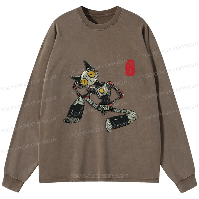 Tokyo-Tiger Contemplative Robot Cat Washed Long Sleeve T-Shirt