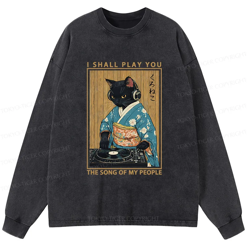 Tokyo-Tiger Funny Playing Music Black Cat Washed Long Sleeve T-Shirt