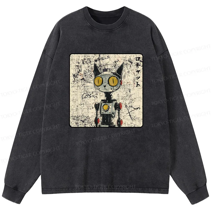 Tokyo-Tiger Robot Cat Washed Long Sleeve T-Shirt