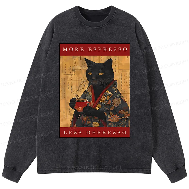 Tokyo-Tiger More Espresso Less Depresso Cat Washed Long Sleeve T-Shirt