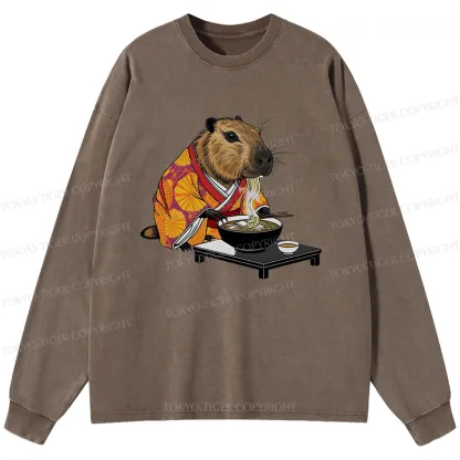 Tokyo-Tiger Cute Capybara Eating Ramen Washed Long Sleeve T-Shirt