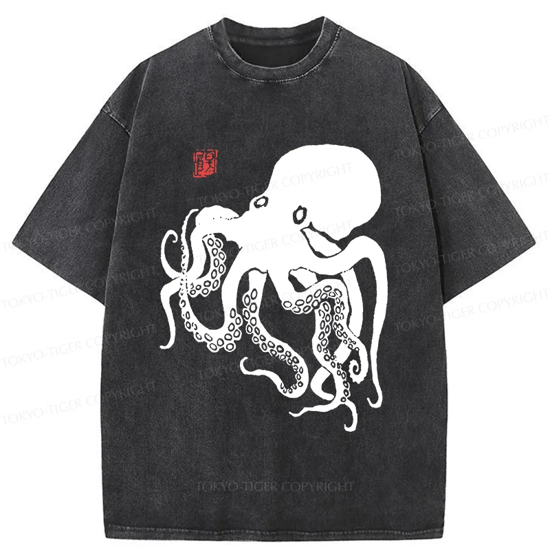 Tokyo-Tiger Retro Japanese Octopu Washed T-Shirt