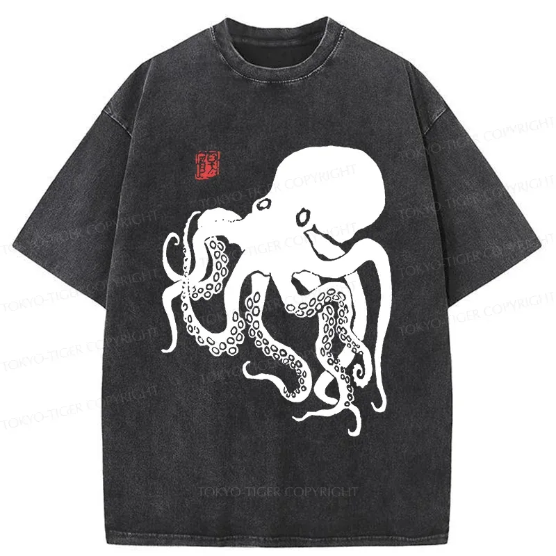 Tokyo-Tiger Retro Japanese Octopu Washed T-Shirt