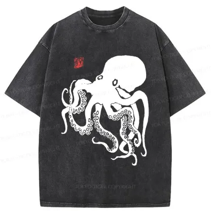 Tokyo-Tiger Retro Japanese Octopu Washed T-Shirt
