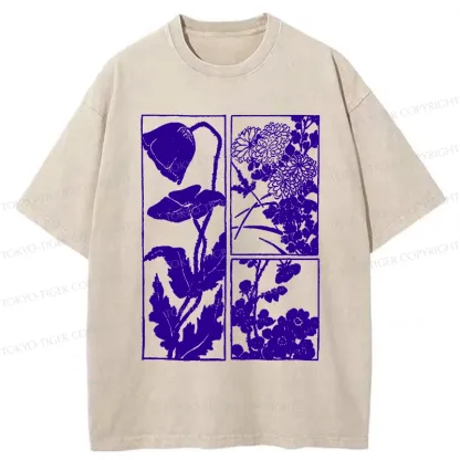 Tokyo-Tiger Woodcut Flowers Washed T-Shirt