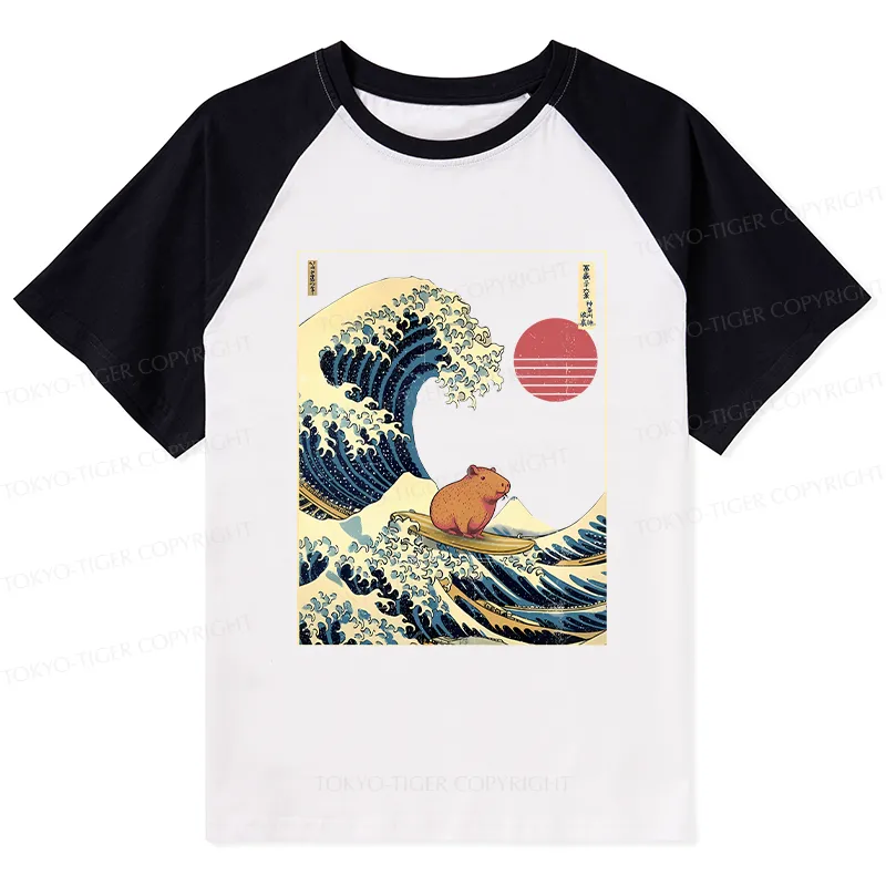 Tokyo-Tiger Capybara Surfing Raglan T-shirt