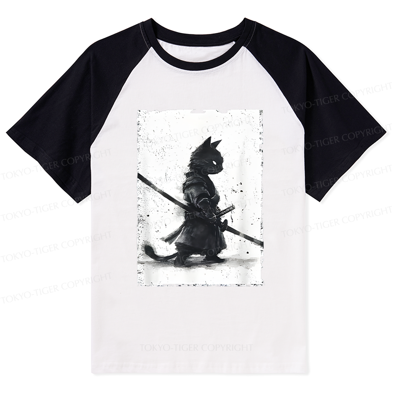 Tokyo-Tiger Retro Cat Samurai Japanese Raglan T-shirt