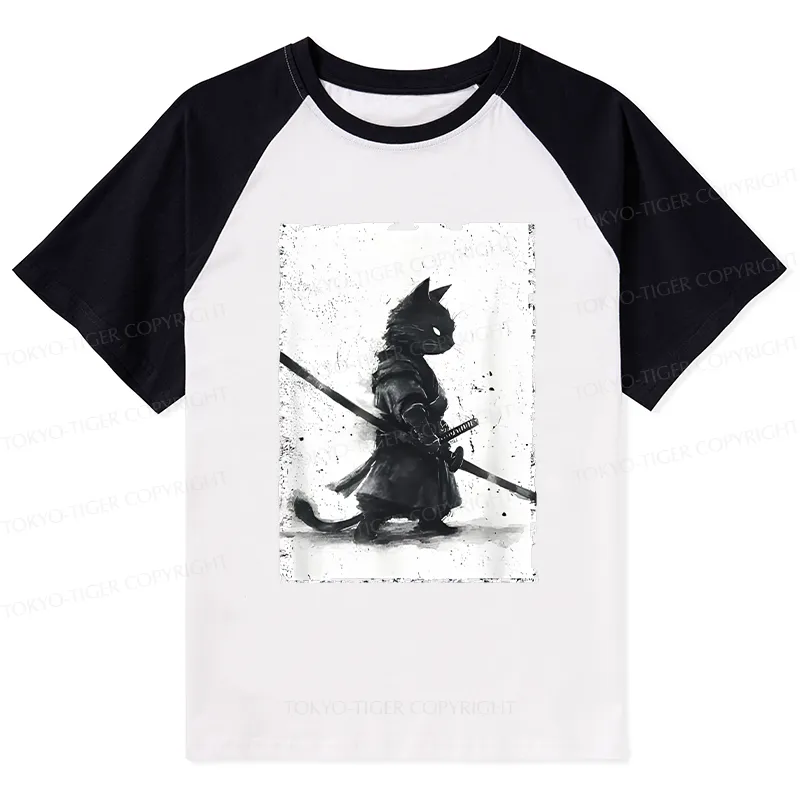 Tokyo-Tiger Retro Cat Samurai Japanese Raglan T-shirt