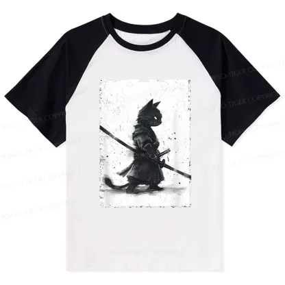 Tokyo-Tiger Retro Cat Samurai Japanese Raglan T-shirt