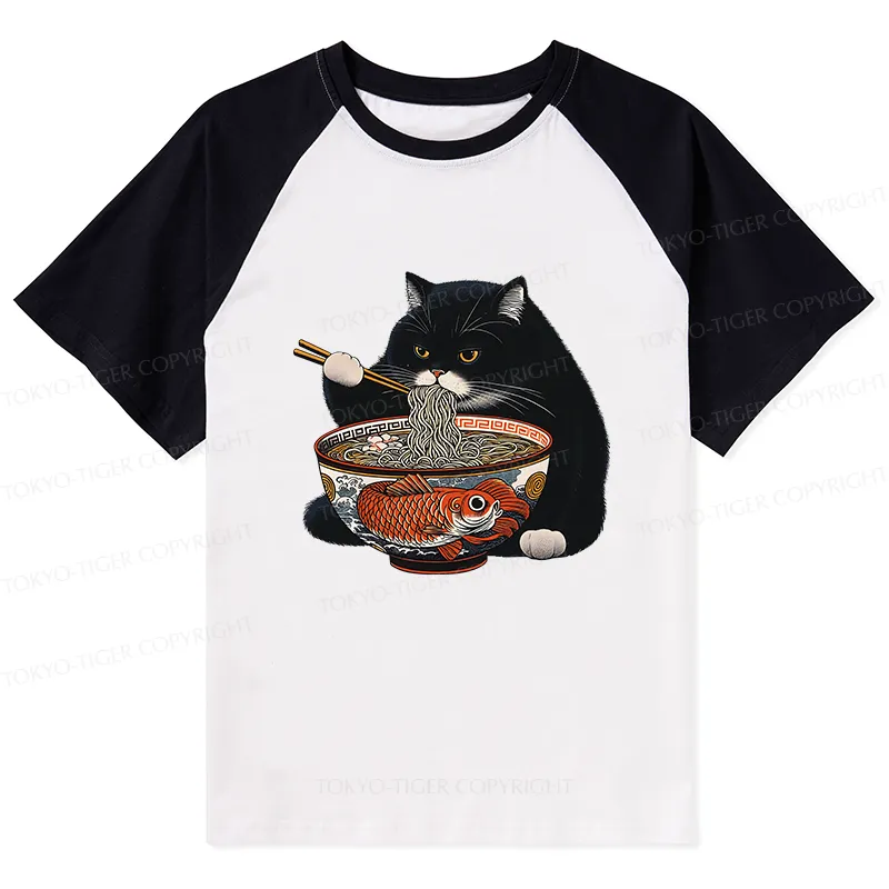 Tokyo-Tiger Fat Cat Eating Ramen Raglan T-shirt