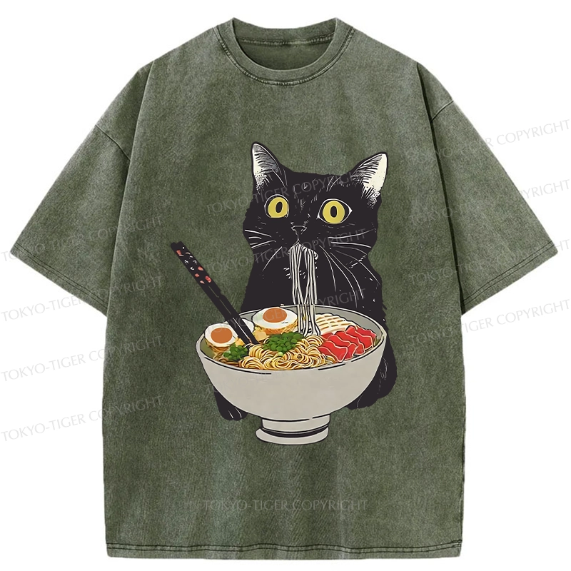 Tokyo-Tiger Cat Eating Hearty Ramen Washed T-Shirt