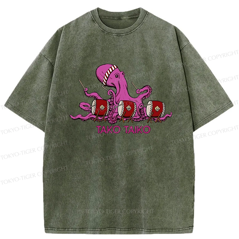 Tokyo-Tiger Funny Octopus Playing Taiko Washed T-Shirt