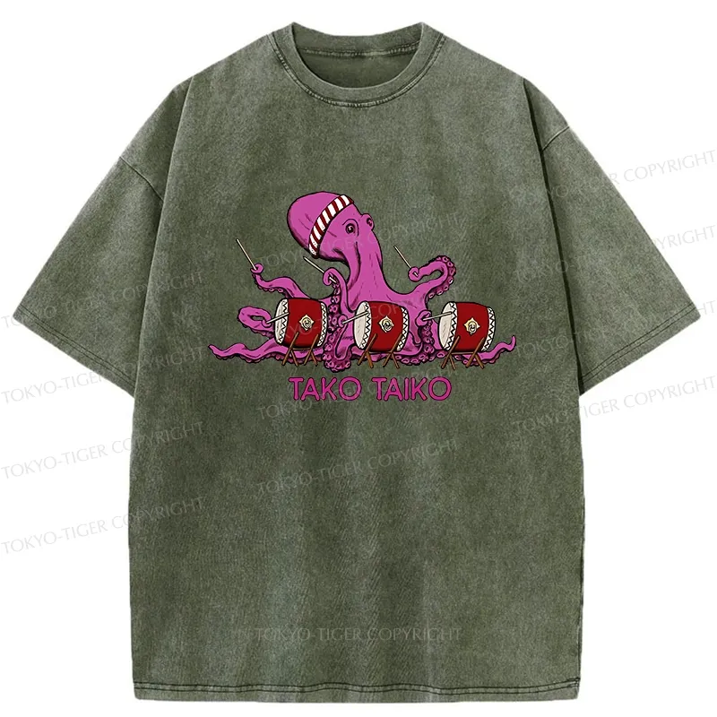 Tokyo-Tiger Funny Octopus Playing Taiko Washed T-Shirt